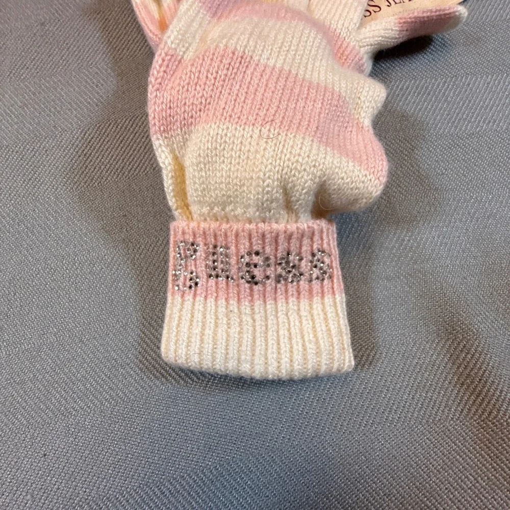Guess Jeans Striped Knit Gloves Blush Milk Rhinestone Logo Cashmere Blend 2258